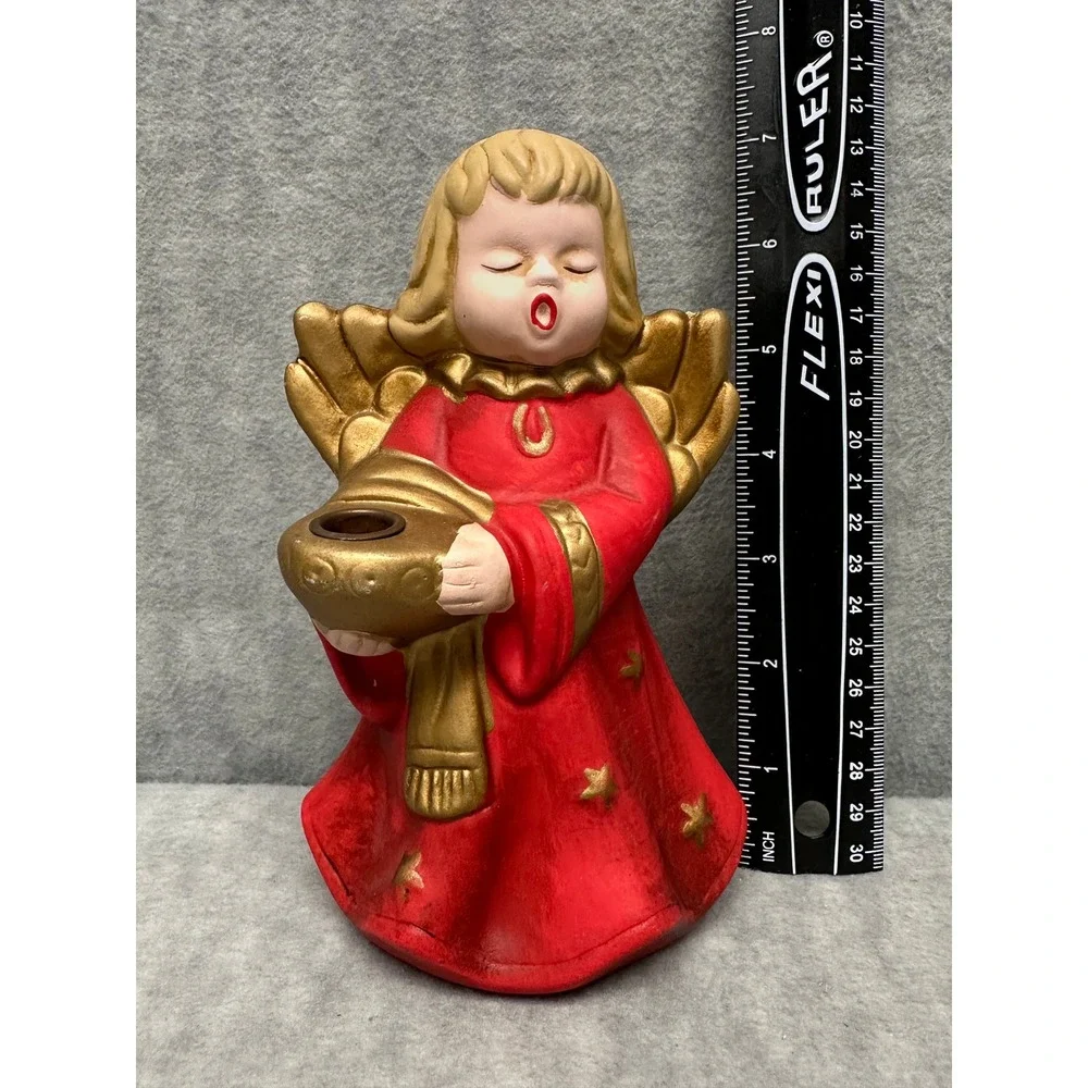 Vintage Red and‎ Gold Ceramic Singing Angel Christmas Candle Holder 7.5in MCM
